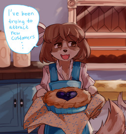 anthro appliance apron baking baking_tray biped blue_apron blue_clothing blue_topwear blush blush_lines breasts brown_body brown_eyes brown_fur brown_nose cabinet cheek_tuft cherry_pie_(food) claws cloth clothing container cookie_jar cooking dialogue dusk ellipsis eyebrow_through_hair eyebrows facial_tuft fangs female floppy_ears food forest fur hair head_tuft heart_symbol holding_food holding_object holding_pie inside jar kitchen looking_away lop_ears multicolored_body multicolored_fur open_mouth pastry pie plant shirt short_hair solo speech_bubble standing stove tail tail_motion tail_tuft tailwag talking_to_viewer teeth text topwear translucent translucent_hair tree tuft two_tone_body two_tone_fur wall_(structure) white_body white_clothing white_fur white_shirt white_topwear window worried worried_look fiddleafox elka_(fiddleafox) bird_dog canid canine canis cavalier_king_charles_spaniel domestic_dog hunting_dog mammal spaniel toy_dog 2020 digital_drawing_(artwork) digital_media_(artwork) english_text hi_res shaded