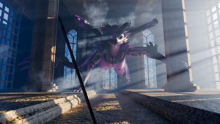 all_fours angry anthro arm_tuft boss_fight breasts cheek_tuft claws elbow_tuft facial_tuft fangs female first_person_view fog glowing glowing_eyes hair horn larger_female light light_beam looking_at_viewer melee_weapon neck_tuft nipples nude pillar purple_body purple_eyes purple_hair purple_nipples size_difference solo stained_glass sword tail teeth tuft weapon wings retro_raptor foxipaws_(modeler) mythology jace_rodyn dragon mythological_creature mythological_scalie scalie 16:9 3d_(artwork) blender_(artwork) blender_cycles_(artwork) digital_media_(artwork) hi_res widescreen