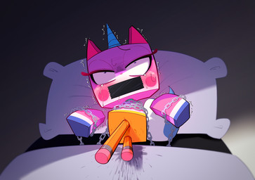 1_horn abuse anal anal_penetration anus arms_tied bed blush bodily_fluids bound chain chained double_penetration female female_penetrated feral furniture gag genital_fluids genitals horn leaking lego_brick legs_tied motion_lines object_in_ass object_in_pussy on_bed orgasm_face pencil_(object) penetration pillow pink_body pussy_juice_leaking saliva solo sweat tape tape_gag tears vaginal vaginal_fluids vaginal_penetration vulva doejigogi lego mythology the_lego_movie unikitty domestic_cat equid equine felid feline felis hybrid mammal mythological_creature mythological_equine unicorn hi_res unavailable_at_source