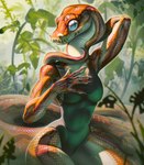 anthro breasts brown_body brown_scales clothed clothing female front_view hand_behind_head long_tail non-mammal_breasts one-piece_swimsuit outside plant pupils scales sitting slit_pupils solo swimwear tail thick_tail thick_thighs tight_clothing wide_hips fivel python reptile scalie snake 2023 hi_res