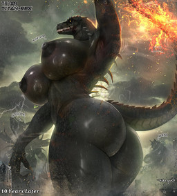 anthro areola big_butt biped breasts butt electricity female glistening glistening_body lightning nipples nude outside raining text thick_thighs netxart scalie