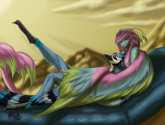 anthro beach beak bellarin cloud eye_contact feathered_wings feathers female furniture hug hugging_another hugging_from_behind looking_at_another lying mountain paws purple_body purple_feathers reclining scales seaside smile sofa sun valder wings dreyk-daro avian bird blue_jay corvid jay_(bird) new_world_jay oscine passerine absurd_res hi_res