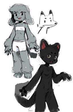 anthro black_body black_ears black_fur black_tail bottomwear breasts clothed clothing duo featureless_breasts featureless_crotch female fingers fur hair midriff nude open_mouth small_breasts tail topwear white_bottomwear white_clothing white_topwear color_fox canid canine felid feline mammal absurd_res hi_res sketch