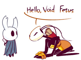 ambiguous_gender antennae_(anatomy) anthro armor arthropod_abdomen black_body cloak cloak_only clothing duo featureless_feet feet female gold_(metal) greeting horn mask size_difference text 87_god hollow_knight:_silksong hollow_knight_(franchise) team_cherry shakra_(hollow_knight:_silksong) the_knight_(hollow_knight) arthropod vessel_(species) english_text