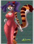 5_fingers anthro asian_clothing big_breasts biped black_nose black_stripes breasts chinese_clothing chinese_dress cleavage cleavage_cutout clothed clothing cutout dress east_asian_clothing eyebrows eyelashes female fingers fur green_eyes hair huge_breasts long_hair multicolored_body multicolored_fur open_mouth orange_body orange_fur pigtails purple_hair solo standing stripes tail text tongue two_tone_body two_tone_fur white_body white_fur wide_hips yellow_body yellow_fur chalo las_lindas tiggs felid mammal pantherine tiger signature