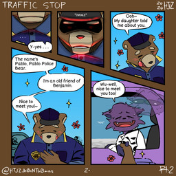anthro blush car clothing dialogue duo fangs flower gesture handshake hat headgear headwear male motorcycle onomatopoeia pablo_police_bear_(p.p.bigger_world_au) plant pockets police police_badge police_hat seat_belt sitting sound_effects sparkles speech_bubble standing teeth text vehicle valken_holmes background_character bear brown_bear felid feline grizzly_bear mammal ursine 1:1 character_request comic english_text hi_res