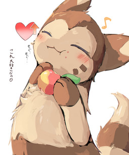 ambiguous_gender berry blush blush_lines brown_body brown_fur crumbs crumbs_on_face ears_up eating eyes_closed feral food food_crumbs fruit fur heart_symbol holding_food holding_object kemono leppa_berry musical_note musical_symbol paws plant pokemon_berry raised_tail simple_background solo symbol tail tan_body tan_fur text tuft white_background floameya nintendo pokemon furret generation_2_pokemon pokemon_(species) 2026 5:6 absurd_res digital_media_(artwork) hi_res japanese_text shaded simple_shading translated