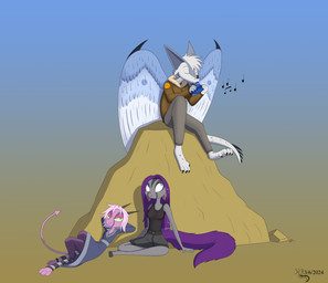 anthro blue_eyes breasts clothed clothed_female clothing eyes_closed female fur gradient_background grey_body grey_fur group hair male pink_hair purple_hair purple_tail shirt simple_background spade_tail spiked_tail spikes spikes_(anatomy) tail tank_top thagomizer topwear trio kanrod_stavoyan dreamkeepers mythology juzo_drakobi kalei_(dreamkeepers) namah_calah ailurid dragon lizard mammal mythological_creature mythological_scalie red_panda reptile scalie 2024 hi_res