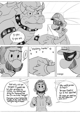 5_panel_comic anthro armband arms_bent asking asking_another black_armband black_bracelet black_collar black_eyebrows black_eyes black_facial_hair black_mustache bodily_fluids bracelet clenched_teeth closed_smile clothed clothed_human clothed_male clothing collar dialogue empty_eyes exclamation_point eyebrow_through_hat eyebrows facial_hair fist frown frowning_at_viewer gloves grey_body grey_clothing grey_eyebrows grey_gloves grey_hair grey_handwear grey_hat grey_headwear grey_hoodie grey_kerchief grey_neckerchief grey_overalls grey_scales grey_shirt grey_skin grey_spikes grey_tongue grey_topwear group hair hand_holding handwear hat headgear headwear hoodie jewelry kerchief king larger_anthro larger_male looking_at_viewer male male_anthro male_human mouth_closed mustache name_in_dialogue neckerchief neckwear nervous nervous_sweat not_furry_focus open_frown open_mouth overalls royalty scales shadow_face sharp_teeth shell shirt short_hair size_difference smaller_human smaller_male smile smug_grin sparkles speech_bubble spiked_armband spiked_bracelet spiked_collar spiked_shell spikes spikes_(anatomy) standing surprised sweat sweaty_face talking_to_another teeth text thick_eyebrows tongue topwear trio wall_(structure) yelling yelling_at_another cbfanart mario_bros nintendo paper_mario bowser luigi mr._l human koopa mammal scalie 2025 comic digital_drawing_(artwork) digital_media_(artwork) english_description english_text greyscale hi_res monochrome shaded
