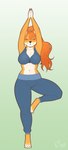 anthro barefoot black_nose bottomwear breasts chest_tuft clothing eyes_closed feet female hair navel on_one_leg pants ponytail simple_background smile solo standing tuft yoga yoga_pants lillymoo becky_(tiratel) canid canine canis domestic_dog herding_dog mammal pastoral_dog welsh_corgi 2020 absurd_res hi_res