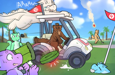 anthro biped cloud day explosive_mines explosives eyewear front_view fur glasses golf group hair holding_object male nude nude_anthro nude_male open_mouth outside sitting sky smile sport standing tail teeth tongue nicopossum mythology dragon kobold mythological_creature mythological_scalie scalie 2026 digital_drawing_(artwork) digital_media_(artwork) hi_res