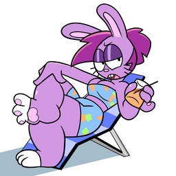 3_toes anthro beach_chair beverage breasts buckteeth cleavage clothed clothing dipstick_toes feet female fur pawpads purple_body purple_fur simple_background solo teeth toes white_background superspoe cartoon_network ok_k.o.!_let's_be_heroes bunny_enid enid_(ok_k.o.!_lbh) lagomorph leporid mammal rabbit 1:1 2017 absurd_res hi_res