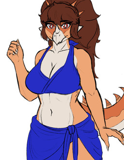 anthro big_breasts blue_bottomwear blue_bra blue_clothing blue_underwear bottomwear bra breasts brown_hair clothed clothed_anthro clothed_female clothing facial_horn female fingers front_view hair horn humanoid_hands long_hair looking_at_viewer navel non-mammal_breasts non-mammal_navel orange_body ponytail red_eyes simple_background smile solo spiked_tail spikes spikes_(anatomy) standing tail tan_body underwear white_background bigboitony goodbye_volcano_high ko_op_(game_developer) rosa_(gvh) aquilops ceratopsian dinosaur marginocephalian ornithischian prehistoric_species reptile scalie colored colored_sketch hi_res portrait shaded sketch three-quarter_portrait