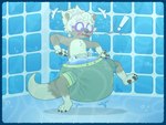 accessory anthro big_diaper blush clothing diaper diaper_under_clothing exclamation_point eyewear goggles headband in_pool male pawpads pool raised_leg solo surprised_expression swimming_trunks swimwear unclean_diaper underwater water waterlogged_diaper tenerius mammal mustelid otter 2025 absurd_res alternate_version_at_source hi_res