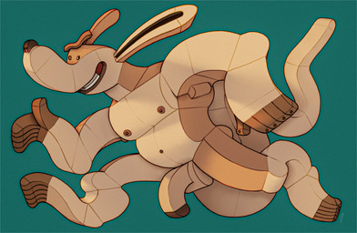 abstract_art anthro brown_glans brutalism cubism eyebrows genitals glans half-erect long_ears male musclegut muscular muscular_male pecs penis running simple_background solo unibrow ravuer kangaroo macropod mammal marsupial hi_res