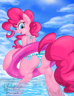 anthro anthrofied bikini blue_eyes breasts clothing cloud cutie_mark eyelashes female fur hair happy looking_at_viewer outside pink_body pink_fur pink_hair pool_float sky solo swimwear two-piece_swimsuit water berndem-bones friendship_is_magic hasbro my_little_pony pinkie_pie_(mlp) earth_pony equid equine horse mammal pony 2014 absurd_res hi_res