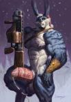 abs anthro anthrofied balls beard biceps big_balls big_muscles big_penis biped black_nipples blue_body blue_fur bodily_fluids cum cum_on_penis erection facial_hair fur genital_fluids genitals green_eyes gun huge_balls huge_penis hyper hyper_genitalia hyper_penis looking_at_viewer male muscular muscular_anthro muscular_male navel nipples nude outside pecs penis ranged_weapon snow snowing solo standing thick_penis vein veiny_penis weapon whiskers white_body white_fur ephorox rise_of_the_guardians e._aster_bunnymund lagomorph leporid mammal rabbit hi_res signature