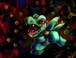 abstract_background ambiguous_gender blue_body blue_skin bodily_fluids drooling drugs feral hallucinating open_mouth pills saliva solo spiral_eyes haychel nintendo pokemon generation_2_pokemon pokemon_(species) reptile scalie totodile 2012 absurd_res digital_media_(artwork) hi_res