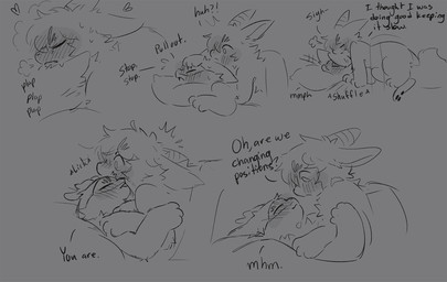 ambiguous_gender ambiguous_penetration anthro bed bedding blanket blush cheek_tuft chest_tuft dialogue duo face_to_face facial_tuft from_front_position furniture happy heart_symbol hooves horn hug looking_pleasured male mask on_another paws penetration pillow plap plap_(sound) pushing_down simple_background smile sound_effects text tuft sabiksphinx asian_mythology chinese_mythology east_asian_mythology fabulous_beasts fenz_(studio) mythology sibuxiang_the_deer_(fabulous_beasts) tuye_(fabulous_beasts) deer lagomorph mammal moon_rabbit comic english_text hi_res monochrome sketch