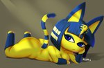 anthro bored breasts butt covering covering_breasts featureless_hands featureless_legs female hand_on_cheek looking_at_viewer lying nude on_front simple_background solo molemug animal_crossing nintendo ankha_(animal_crossing) domestic_cat felid feline felis mammal