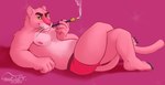 anthro cigarette clothing fur looking_at_viewer male nipples overweight pink_body pink_fur smile smirk smoking solo underwear josevulpes metro-goldwyn-mayer pink_panther_(series) pink_panther felid mammal pantherine absurd_res hi_res