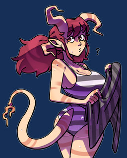3_horns big_breasts breasts butt butt_pose cleavage clothed clothing female forked_tail hair horn multi_horn one-piece_swimsuit pigtails pose red_hair solo striped_body striped_skin stripes swimwear tail towel unusual_anatomy unusual_tail wet wet_body wet_skin discount-supervillain horny_jail_demon_(discount-supervillain) demon demon_humanoid horned_humanoid humanoid tailed_humanoid