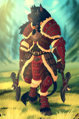 anthro armor axe battle_axe biped black_body black_fur black_hair bracers braided_hair cloud double_bitted_axe fangs field fur furgonomics grass greaves hair horn male melee_weapon orange_eyes outside plant sky solo standing teeth tree weapon nebelviper blizzard_entertainment warcraft bovid bovine mammal tauren hi_res