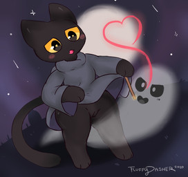 anthro black_body black_fur blush clothing duo female fur genitals heart_eyes heart_symbol robe vulva wand yellow_sclera fluffydasher google google_doodle magic_cat_academy momo_(google) domestic_cat felid feline felis ghost mammal spirit absurd_res hi_res