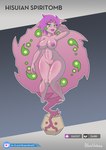 alternate_species big_breasts blueumbra breasts ear_piercing ear_ring eyelashes fakemon female floating generation_4_pokemon genitals ghost green_eyes hair hand_behind_head hi_res highlights_(coloring) humanoid humanoidized letterbox lips looking_at_viewer navel nintendo nintendo_switch nipples nude orb piercing pokemon pokemon_(species) pokemon_legends_arceus pokemorph purple_body purple_hair purple_lips purple_nipples purple_skin pussy regional_form_(fakemon) ring_piercing signature simple_background smile solo spiral_eyes spirit spiritomb text thick_lips thick_thighs watermark