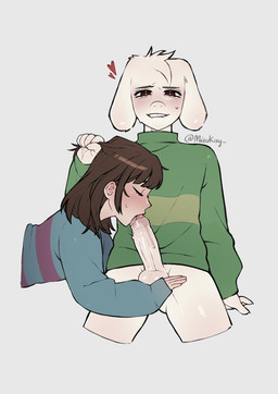ambiguous_gender anthro balls bite biting_lip biting_own_lip black_hair blue_clothing blue_sweater blue_topwear bodily_fluids bottomless bottomless_male clothed clothed_sex clothing erection eyes_closed fellatio foreskin fur genitals green_clothing green_sweater green_topwear hair hand_on_leg hand_on_thigh heart_symbol looking_at_viewer looking_pleasured male male/ambiguous oral pattern_clothing pattern_sweater pattern_topwear penile penis pulling_hair self_bite sex striped_clothing striped_sweater striped_topwear stripes sweat sweater topwear touching_hair unretracted_foreskin white_body white_fur mizukisy undertale undertale_(series) asriel_dreemurr frisk_(undertale) bovid caprine goat human mammal hi_res signature