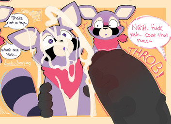 ambiguous_gender anthro big_penis black_body black_fur black_nose blush blush_lines bodily_fluids cum cum_on_object cum_on_plushie duo ejaculation exclamation_point flustered fur genital_fluids genitals holding_object holding_plushie huge_penis kerchief looking_at_another male male/ambiguous multicolored_body multicolored_fur neckerchief neckwear orgasm penis plushie plushophilia purple_body purple_ears purple_eyes purple_fur red_kerchief red_neckerchief speech_bubble standing tan_body tan_fur text three-quarter_view throbbing throbbing_penis vein veiny_penis sushiamazing indigo_park rambley_raccoon mammal procyonid raccoon 2026 digital_media_(artwork) english_text hi_res
