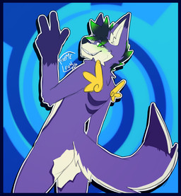 anthro black_nose blue_border border butt fur gesture hand_gesture looking_at_viewer male mohawk nude purple_body purple_fur rear_view smile smiling_at_viewer solo tail v_sign wings fiteme_leon vtuber canid canine canis mammal wolf colored colored_sketch flat_colors hi_res sketch