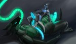 anthro balls belly belly_expansion belly_inflation big_balls big_belly big_penis blue_body duo erection expansion eyes_closed genitals glowing glowing_genitalia glowing_penis green_body grey_background grey_body hose hose_in_butt hose_in_mouth hose_inflation inflation lying lying_on_another machine male on_back penis simple_background size_transformation transformation birdaftermidnight ahndrek_licyri tytolis robot synth_(vader-san) hi_res