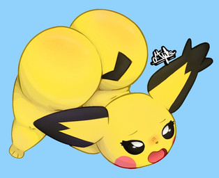anthro arms_back ass_up big_butt black_body black_fur black_nose black_sclera blue_background blush butt eyelashes feet female fur huge_butt looking_pleasured looking_up open_mouth simple_background solo tail white_eyes yellow_body yellow_fur majika nintendo pokemon spiky-eared_pichu generation_2_pokemon pichu pokemon_(species)