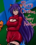 big_breasts black_stripes blue_eyes bottomless breasts cat_tail cleavage cleavage_cutout clothed clothing cutout facial_markings female hair head_markings holidays keyhole_turtleneck long_hair markings purple_hair solo stripes sweater text topwear turtleneck sageofotherworlds christmas yosh!_comics kate_summers animal_humanoid cat_humanoid felid felid_humanoid feline feline_humanoid human humanoid mammal mammal_humanoid