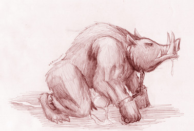 bodily_fluids bound chain chained cum drooling erection genital_fluids genitals humanoid_hands male penis saliva simple_background solo caesarcub mammal suid suine sus_(pig) wild_boar 2006 traditional_media_(artwork)