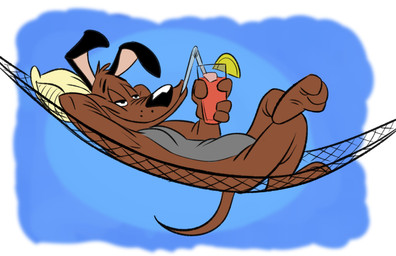 4_fingers anthro beverage brown_body brown_fur container countershading cup drinking drinking_glass drinking_straw fingers fur glass glass_container glass_cup hammock lazy lidded_eyes lying male nude_anthro pecs pillow solo tail superstinkwarrior charlie_dog canid canine canis domestic_dog mammal absurd_res hi_res