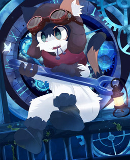 anthro biped boots clock clothing detailed_background eyewear fangs footwear fur gear goggles hat headgear headwear holding_object holding_tool inner_ear_fluff lamp lantern looking_at_viewer male mottled open_mouth piebald scarf shoes sitting smile solo teeth tools tuft worker working wrench nekojita kuromu_(nekojita) arthropod butterfly calico_cat domestic_cat felid feline felis insect lepidopteran mammal