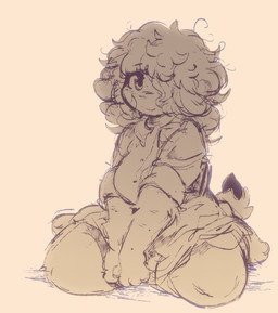 anthro big_breasts blush breasts covered_eye curly_hair female fur hair slightly_chubby small_tail solo tail thick_thighs nessiemooo hi_res monochrome