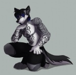 5_fingers anthro bottomwear clothed clothing crouching fingers grey_background hair kneeling male on_one_knee short_hair shorts simple_background solo tail tattoo topless jailbird nayar tempest canid canine canis mammal wolf digital_media_(artwork) shaded