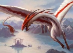 atmospheric_perspective boat building detailed_background feathered_wings feathers feral flying front_view high-angle_view horn lake landscape long_neck mountain open_mouth outside quadruped sharp_teeth solo spines spread_wings tail teeth vehicle watercraft wings adam_paquette hasbro magic:_the_gathering mythology wizards_of_the_coast dragon feathered_dragon feathered_scalie mythological_creature mythological_scalie scalie official_art signature