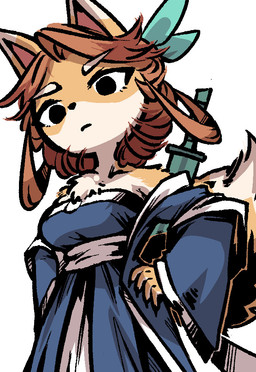 accessory anthro asian_clothing brown_hair clothing countershading dipstick_ears ear_markings eyebrows female fluffy fluffy_tail fox_ears fox_tail hair hair_accessory hair_ring markings medium_hair melee_weapon multicolored_ears shoulderless_dress solo sword sword_on_back tail weapon weapon_on_back white_eyebrows anonymous_artist bully_fox canid canine fox mammal
