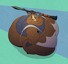 anthro belly beret big_belly big_butt bottomwear butt clothing fingerless_gloves fur gloves hand_on_hip handwear hat headgear headwear high-angle_view holding_object holding_rocket_launcher holding_weapon male morbidly_obese morbidly_obese_anthro morbidly_obese_male obese obese_anthro obese_male overweight overweight_anthro overweight_male ranged_weapon rocket_launcher shirt solo suspenders tail tank_top topwear weapon reagan700 hakon_(reagan700) bear mammal 2026 hi_res