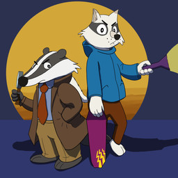 accessory anthro biped black_nose bottomwear clothing duo head_stripe hoodie magnifying_glass male necktie pants shirt standing topwear white_body piothecloudrat beastly_crimes beastly_crimes_(2024) badgercat chief_badger badger domestic_cat felid feline felis mammal mustelid musteline 1:1 2026 hi_res