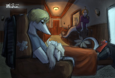 ahoge anthro bedding big_breasts black_eyes blanket blonde_hair breasts chair detailed_background eyes_closed family female furniture grey_body grey_scales group hair hand_puppet headpat husband husband_and_wife inside long_tail male married_couple mature_anthro mature_female mature_male recliner scales sleeping smile snout tail tail_tuft text trio tuft watching_television white_eyes wife yellow_sclera joebamna cavemanon_studios puppet_pals snoot_game aimo_(snoot_game) judee tarja_(snoot_game) dinosaur prehistoric_species reptile saurischian scalie theropod troodon troodontid 2025 absurd_res artist_name dated digital_drawing_(artwork) digital_media_(artwork) hi_res signature daughter_(lore) father_(lore) father_and_child_(lore) father_and_daughter_(lore) mother_(lore) mother_and_child_(lore) mother_and_daughter_(lore) parent_(lore) parent_and_child_(lore) parent_and_daughter_(lore)