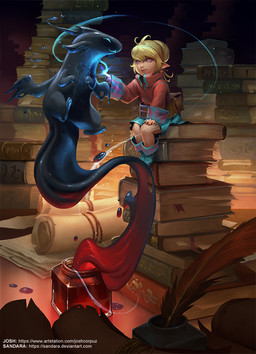belt blonde_hair book boots bottomwear clothing detailed_background duo female feral footwear hair ink loose_feather magic pouch_(clothing) quill scroll shoes shorts summoning young joshcorpuz sandara elf humanoid artist_collaboration