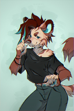 5_fingers anthro bangs black_bracelet black_choker black_claws black_clothing black_jewelry black_necklace black_shirt black_topwear blue_eyes blue_hair blue_pawpads bottomwear bracelet brown_body brown_eyebrows brown_fur brown_hair brown_markings brown_nose cheek_tuft choker claws clothing cute_fangs ear_piercing eyebrows facial_tuft fangs female fingers fur gesture green_bottomwear green_clothing green_pants hair jewelry looking_at_viewer markings multicolored_hair necklace pants pawpads piercing shirt short_hair simple_background snout solo striped_body striped_fur striped_markings stripes tail tan_body tan_fur teeth topwear tuft two_tone_hair azzai felid feline mammal 2023 2:3 colored colored_sketch digital_drawing_(artwork) digital_media_(artwork) shaded sketch