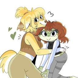 4_fingers anthro bangs bent_arm bent_leg black_clothing black_eyes black_shirt black_topwear blonde_hair bottomwear breasts brown_clothing brown_crop_top brown_freckles brown_hair brown_nose brown_shirt brown_topwear closed_smile clothed clothed_anthro clothed_female clothing crop_top dipstick_ears duo ear_markings eyebrow_through_hair eyebrows eyelashes female fingers fluffy fluffy_tail freckled_arms freckled_elbow freckled_face freckles fully_clothed fully_clothed_anthro fully_clothed_female fur green_body green_skin grey_bottomwear grey_clothing grey_pants hair heart_symbol larger_anthro larger_female light looking_at_viewer medium_hair mouth_closed multicolored_body multicolored_ears multicolored_fur multicolored_skin non-mammal_breasts noseless pants ponytail shirt simple_background size_difference slim_anthro slim_female small_breasts smaller_anthro smaller_female smile smiling_at_viewer tail tan_bottomwear tan_clothing tan_pants thick_thighs topwear translucent translucent_hair two_tone_tail white_background white_body white_ear_tips white_fur white_tail yellow_body yellow_fur yellow_tail wolflly10 daisy_(wolflly10) maggy_(wolflly10) amphibian canid canine frog mammal 1:1 2025 colored digital_drawing_(artwork) digital_media_(artwork) english_description lighting shaded spanish_description