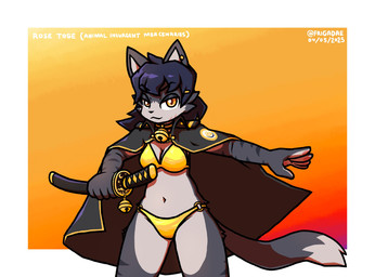 anthro bell bell_collar bikini black_hair breasts clothing coat_cape collar dipstick_tail ear_piercing ear_stud eyebrows female fur gold_bikini grey_body grey_fur hair katana markings melee_weapon navel piercing short_hair solo striped_body striped_fur stripes swimwear sword tail tail_markings two-piece_swimsuit weapon white_body white_fur yellow_eyes frigadae a.i.m._(game) golden_week rose_toge domestic_cat felid feline felis mammal hi_res
