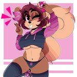 anthro big_breasts blush breasts brown_body brown_fur cheek_tuft chest_tuft clothed clothing colored_nails cropped_hoodie ear_piercing electronics eyebrow_through_hair eyebrows eyelashes facial_tuft female fingers footwear fur gesture hair hand_gesture holding_object holding_phone hoodie legwear nails navel one_eye_closed panties phone piercing purple_hair shoes short_hair simple_background skull_symbol smile sneakers solo tail teeth thick_thighs thigh_highs topwear translucent translucent_hair tuft under_boob underwear v_sign wink wireless_shiba meme_clothing paggi_outfit shelly_bélier mammal rodent sciurid tree_squirrel 1:1 2024 absurd_res digital_media_(artwork) hi_res meme